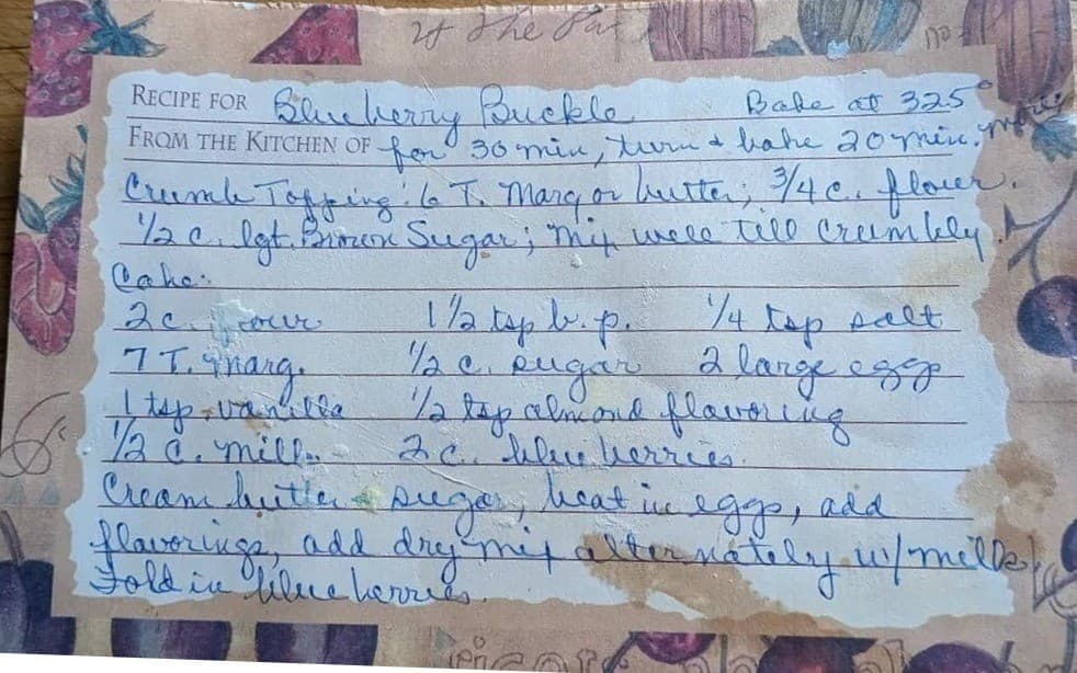 Blueberry Buckle original recipe card